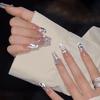 100% HANDMADE Coffin Shaped Fake Nail Set With Glue Art Flashing Starry 3D Butterfly Ribbon Nude Color Pearl Chain Princess Gentle Nails Reusable