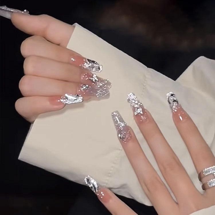 100% HANDMADE Coffin Shaped Fake Nail Set With Glue Art Flashing Starry 3D Butterfly Ribbon Nude Color Pearl Chain Princess Gentle Nails Reusable