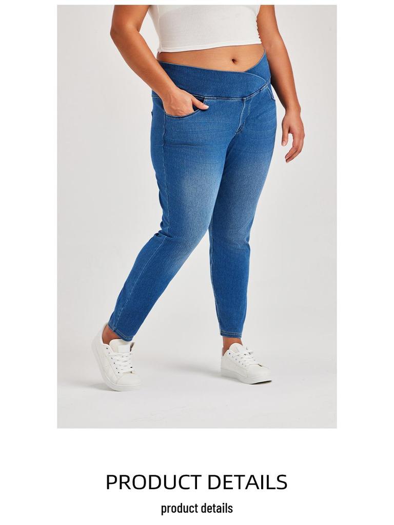 Cross-Waist Plus Size Skinny Jeans with Butt-Lifting Pockets & Monkey Wash