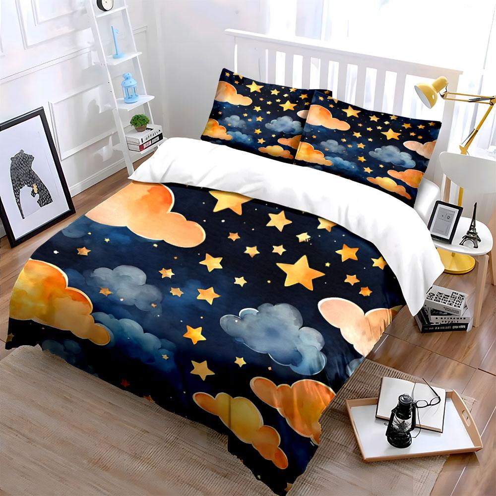 Starry Night Cloud Decor Set Bedding Set with 1 Duvet Cover 2 Pillowcases Single Double King Queen, Gift