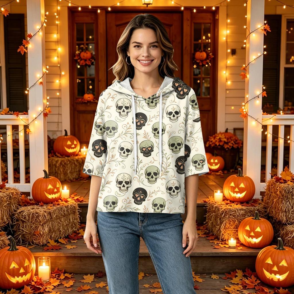 Women's Halloween Printed Hooded 3/4 Sleeve Casual Loose Fit Pullover