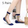 5 Pairs of Ladies Autumn Thin Floral Embroidered Glass Silk Clear Cotton Bottom Crystal Ice Stockings