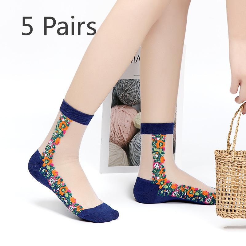 5 Pairs of Ladies Autumn Thin Floral Embroidered Glass Silk Clear Cotton Bottom Crystal Ice Stockings