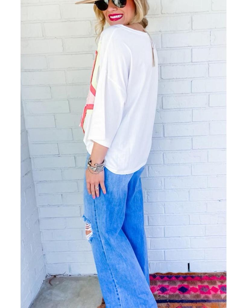 Azura Exchange White Colorblock Star Patched Half Sleeve Oversized Tee