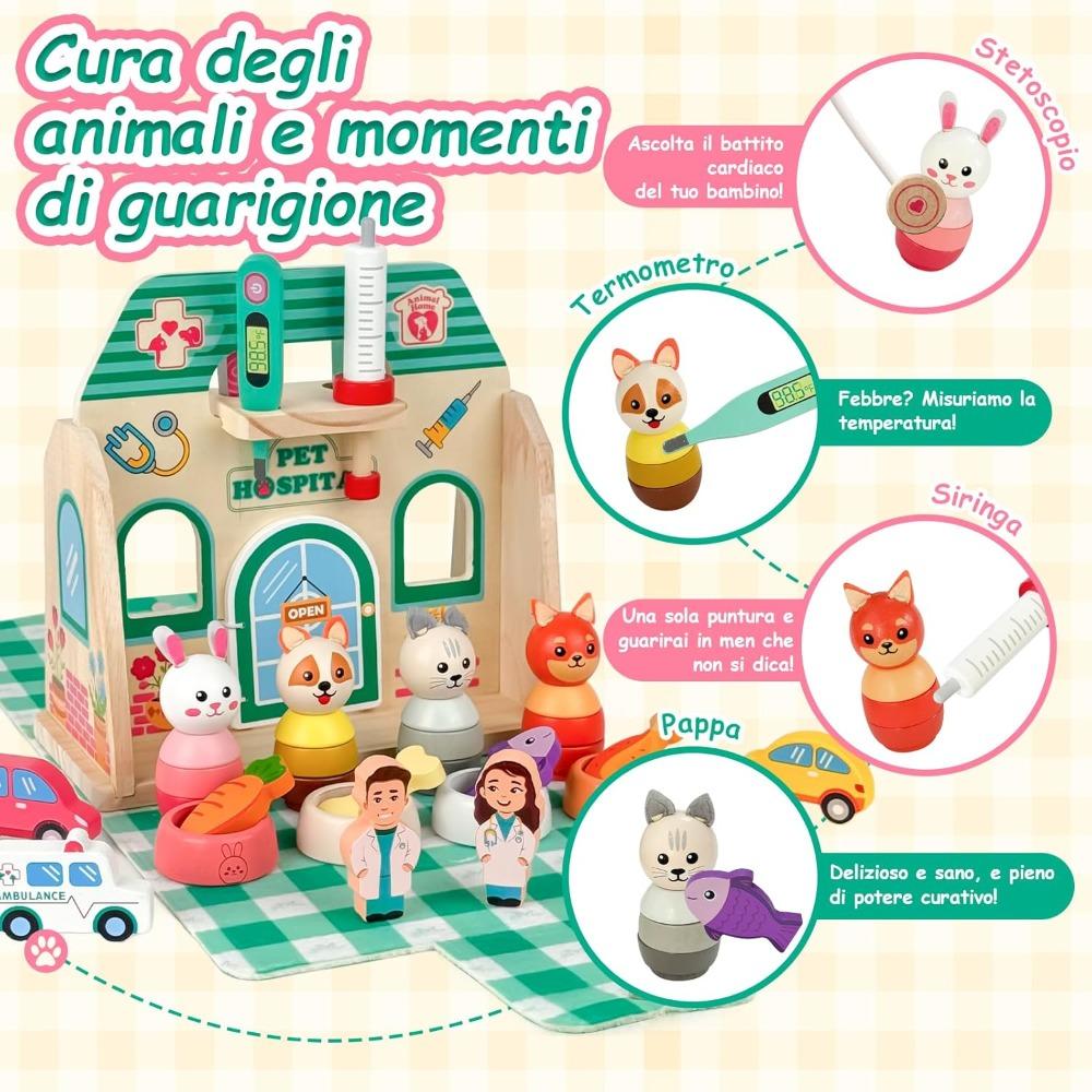 Wooden Pet Vet Hospital Play Sets with Carrying Bag Doctor Kit for Toddlers Pretend Play Animal Toy Gift for Kids Boys Girls