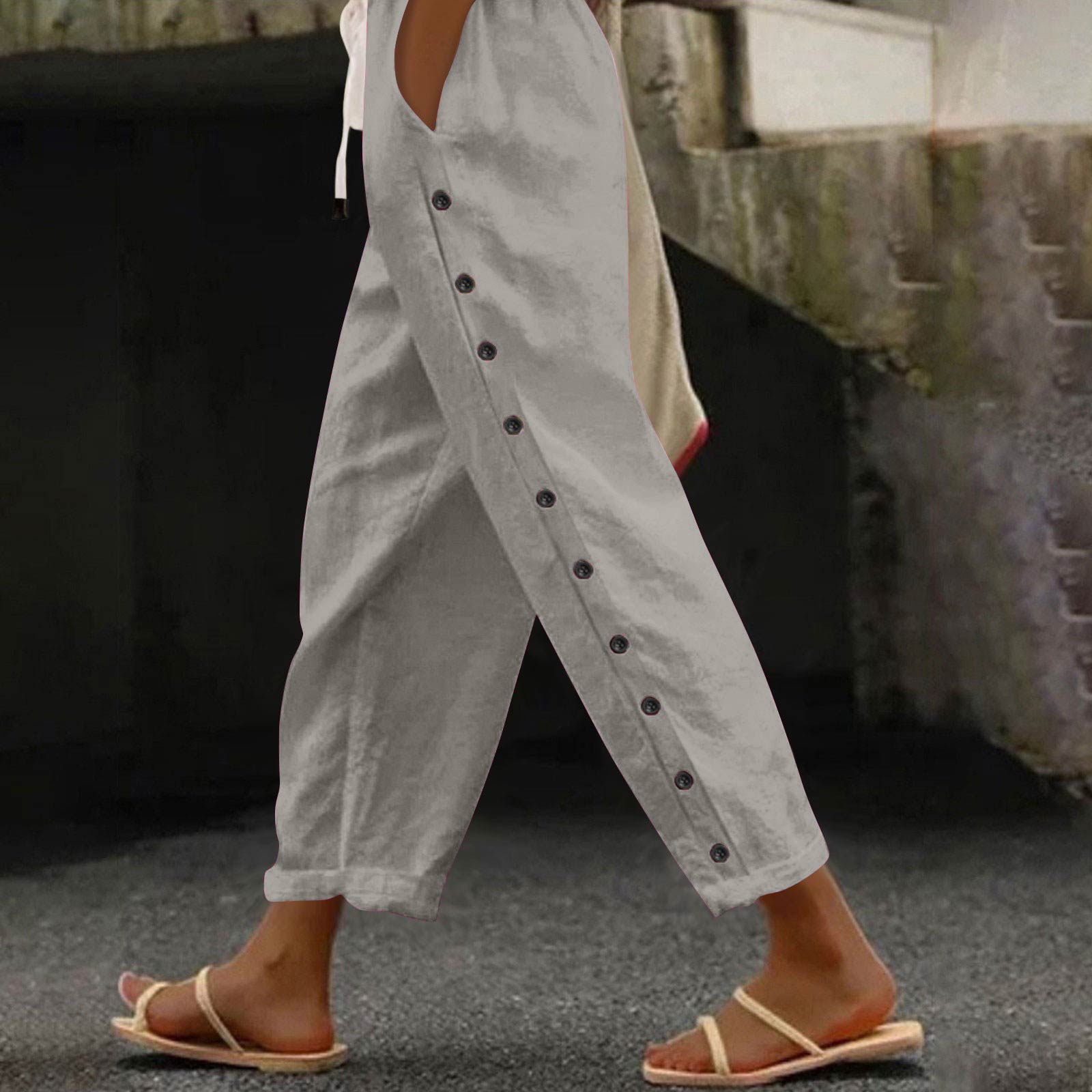 

Women Casual Stripe Print Side Button Up Trendy Pants Baggy Elastic Waist Straight Leg Comfort Trousers With Pocket M