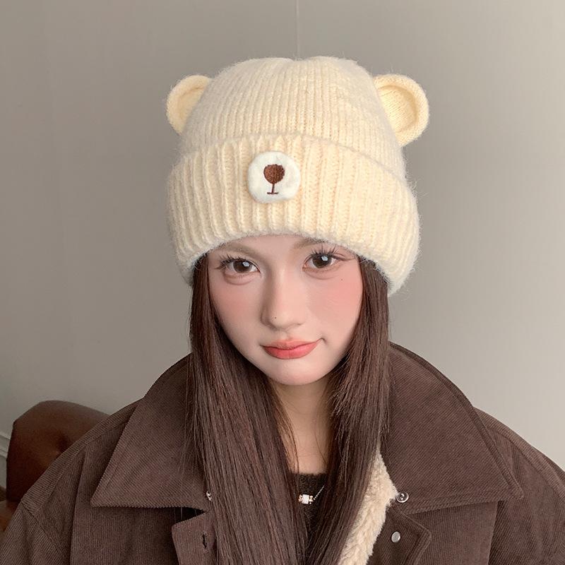 Autumn and Winter Commuting Warm Knitted Hat for Women Cute Bear Ear Protection Pullover Hat Outdoor Windproof and Coldproof Woolen Hat Trendy
