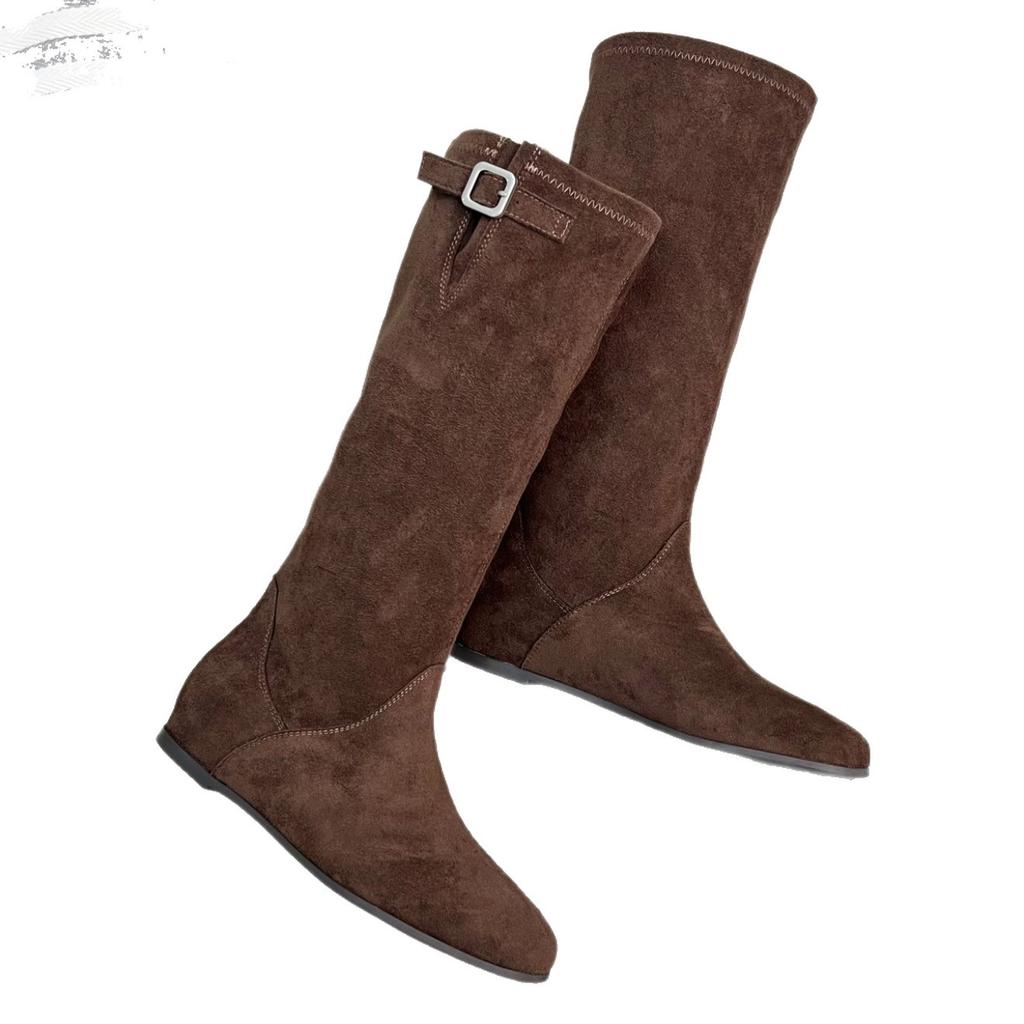 New Early Autumn Pleated Pile Fashion Boots Women's Versatile French Retro Belt Buckle Skinny Boots Western Boots Women's