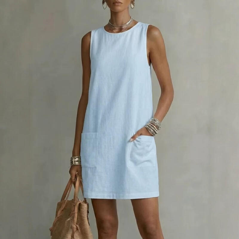 Summer Sleeveless Maxi Dress for Women O Neck Loose Vest Dress with Pocket Casual Loose Dresses Robe Femme