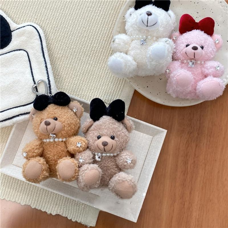 Soft Plush Bear Hanging Ornament Fashionable Soft Bear Keychain with Bowknot Plush Key Accessory for Stylish Bags
