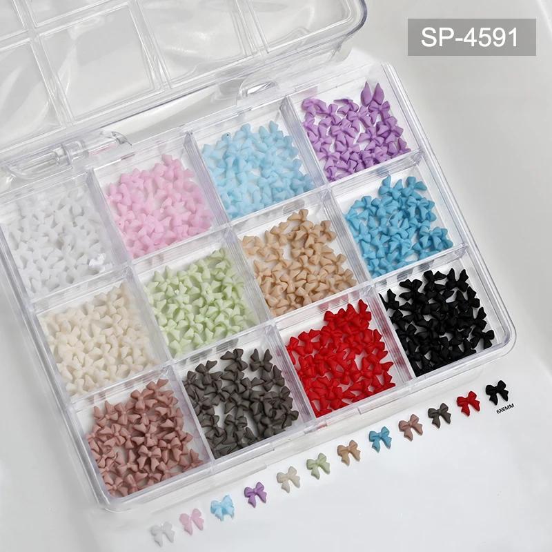 12Grids/Box Mixed Resin Bowknot Tie Ballet Ribbon Nail Charms 3D Colorful Kawaii Rhinestone Nail Art Decorations DIY Manicure