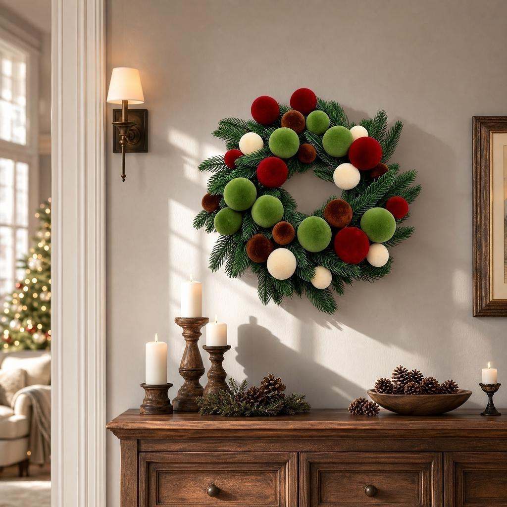 40cm Velvet Christmas Ball Wreath Artificial Pine Branch Decoration for Holiday Home Wall Door Hanging Indoor Outdoor Use
