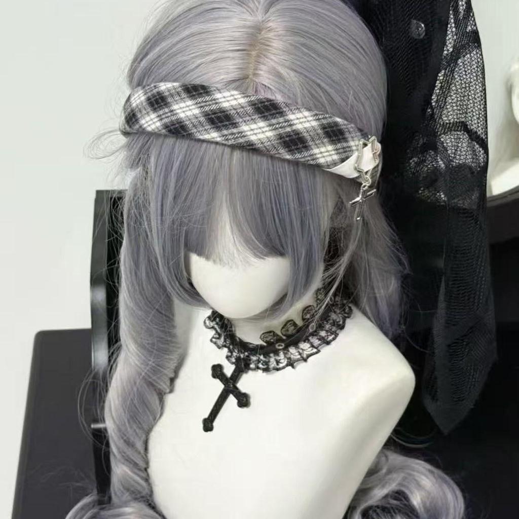 Tian Sheng Handmade Cute Lolita Black & White Plaid Headband with Leather Buckle