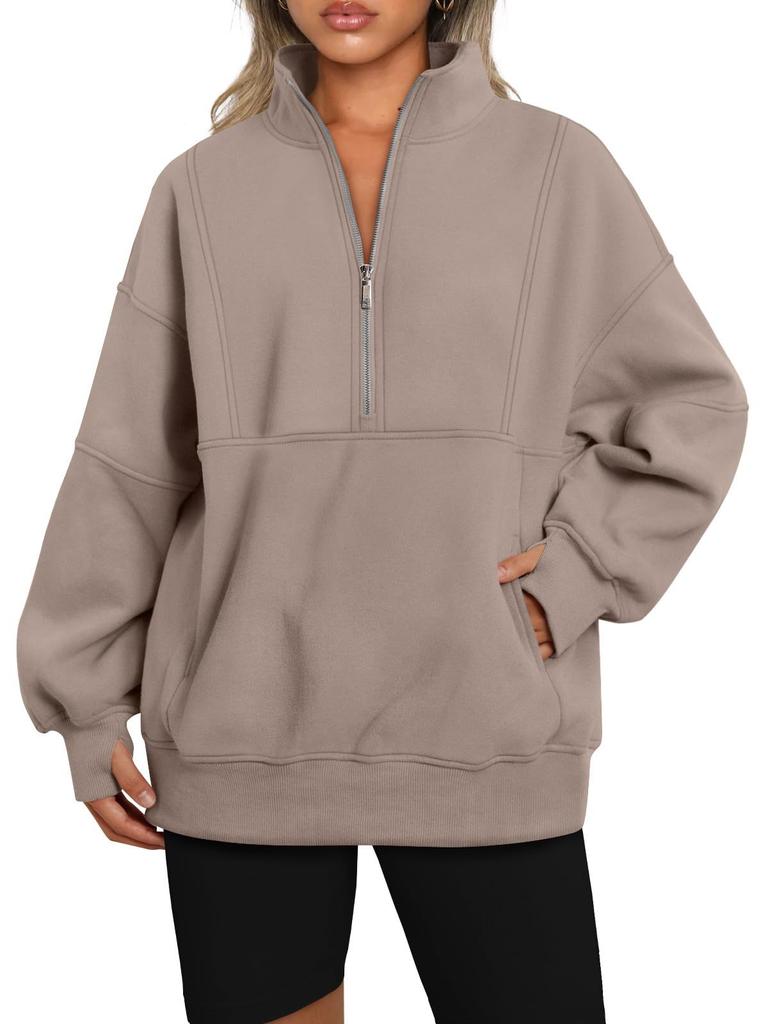 Women's Fleece Hoodie with Pockets, Half Zip, Loose Fit, Contrast Collar, Warm Lined