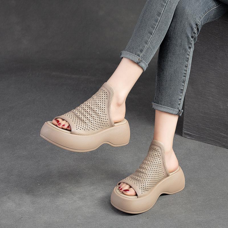 Fashion 6CM Cow Genuine Leather Summer Well-fitting Peep Toe Cozy Comfortable Contoured Lightweiget Loafer Women Slipper Sandals Shoes