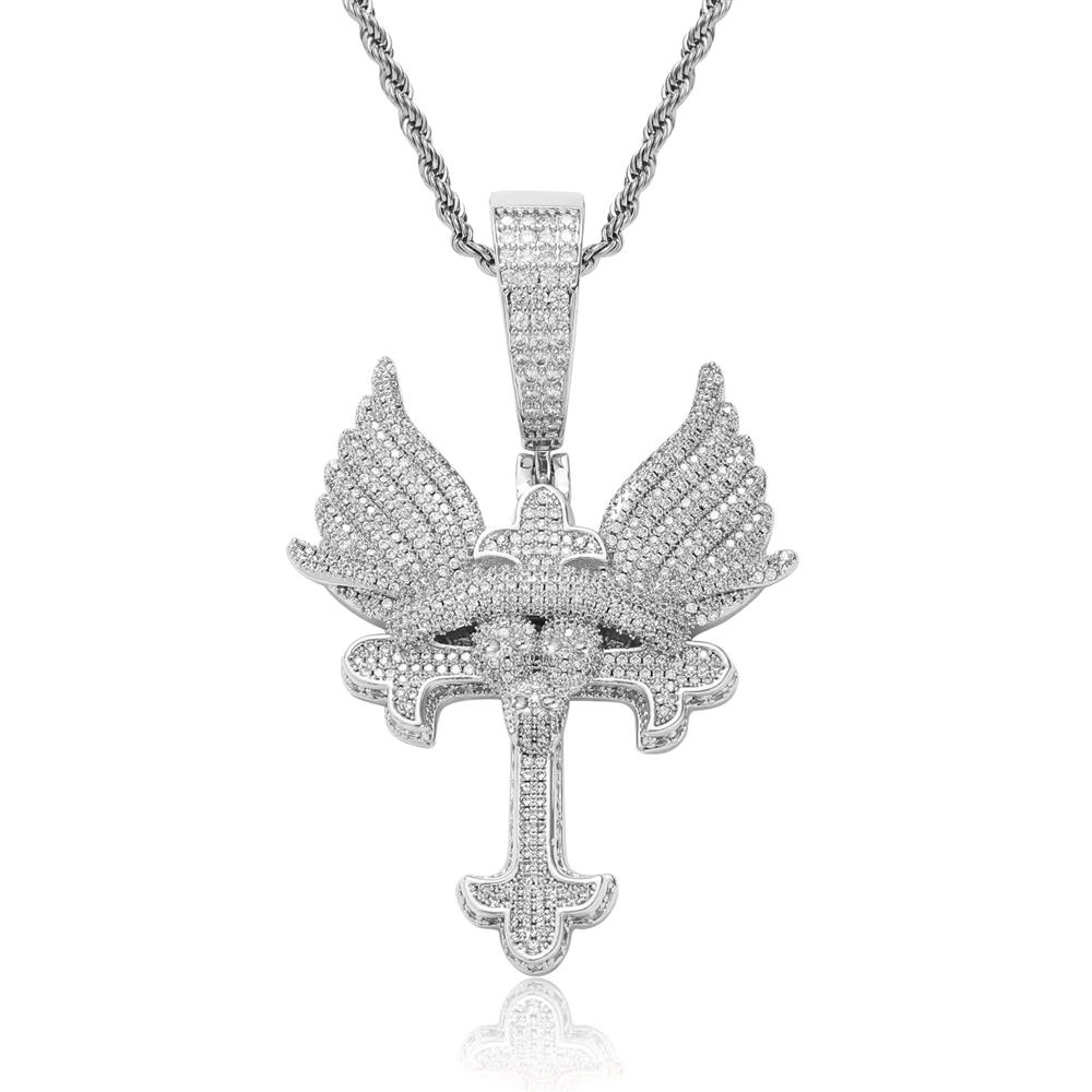 Sparkling Iced Out CZ Wing Pendant Bling Chain Necklace Men Hip Hop Solid Retro Design Luxury Statement Fashion Jewelry