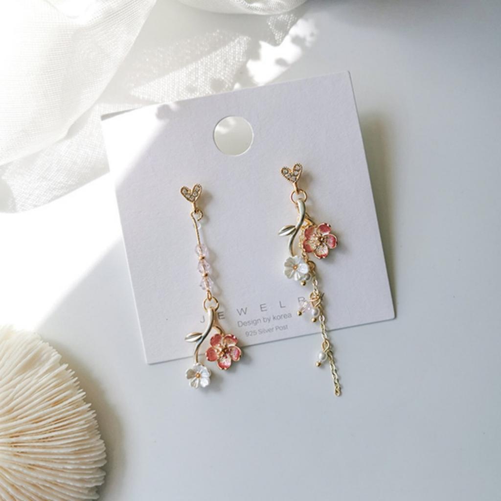 Sweet Pink Cherry Blossom Long Chain Tassel Asymmetrical Drop Earrings For Women Men Elegant Flower Heart Earring Dainty Jewelry