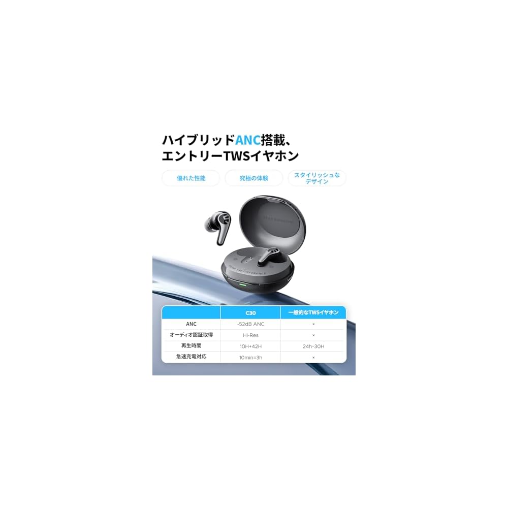 SOUNDPEATS C30 Wireless Noise Cancelling Earbuds Black Gray