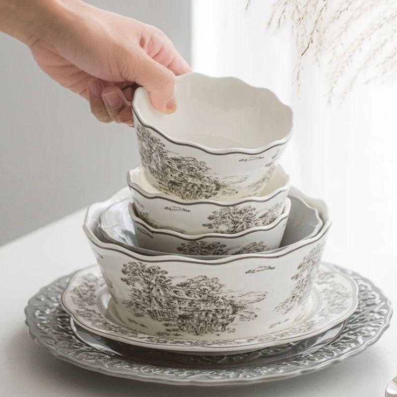 Piatto in ceramica grigia vintage, stile europeo, piatti per cibo occidentale, piatti da portata, piatti per dolci, arte per la casa, stoviglie