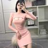 Fashion sexy spice girl hollow long-sleeved dress women's winter new slim and thin stacked niche hip-wrapped short skirt