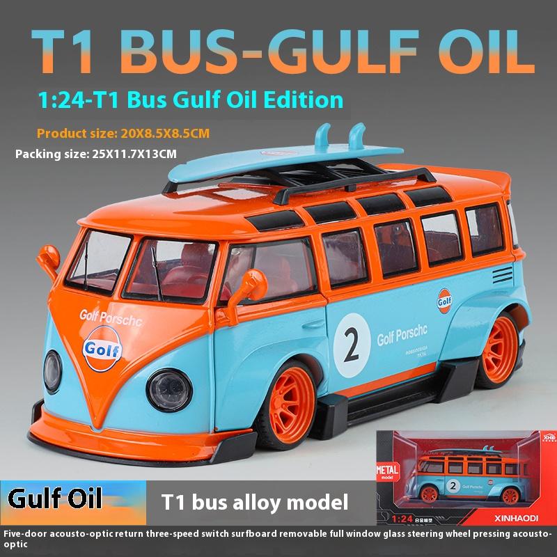 1/24 Volkswagen T1 Bus Gulf Oil Martini Low Ride Wide Body Modifiziert Legierung Metall Diecast Modellauto Sound & Licht Hobby Geschenke Junge