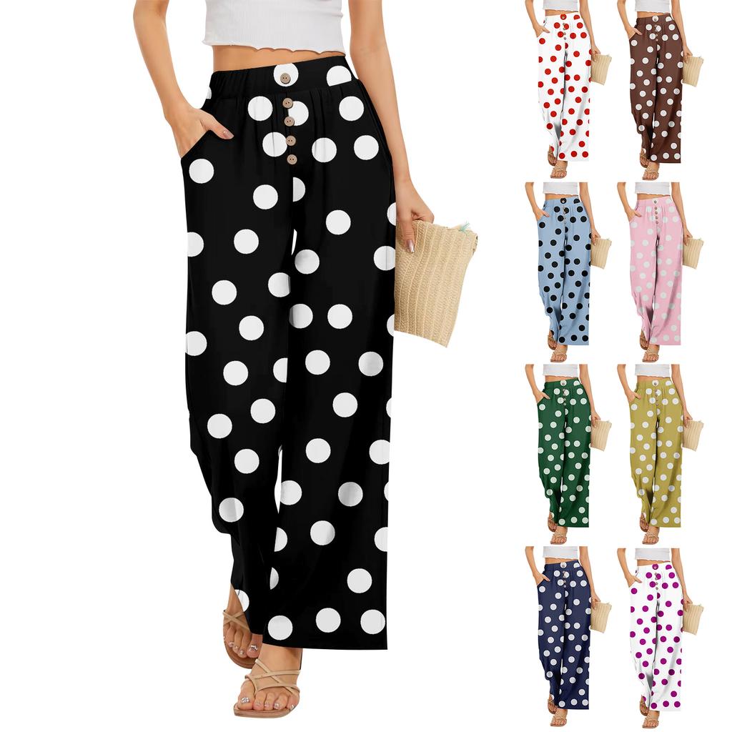 Calças Largas Femininas com Estampa de Bolinhas e Cintura Elástica com Botão e Bolsos para Uso Casual de Verão