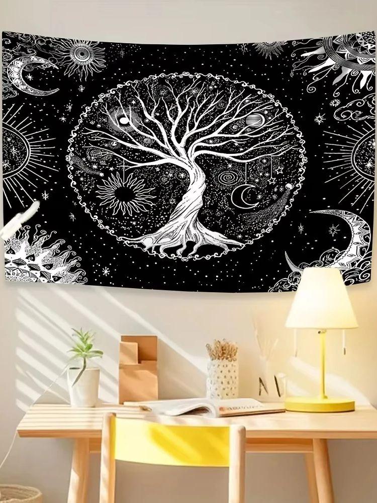 

Черный Гобелен в Бохо Стиле с Красивым и Психоделическим Фоном из Элементов Древа Жизни, Солнца и Луны 74x94cm(29x37in)