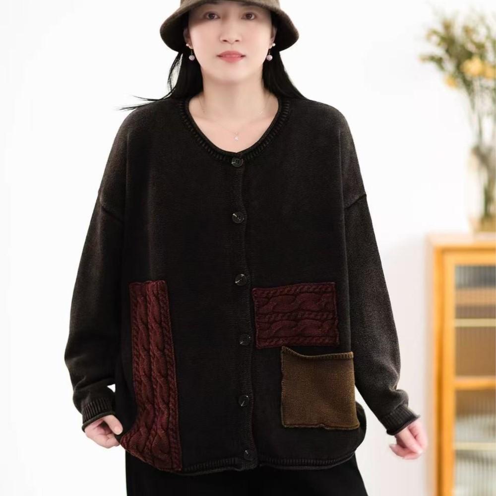 Johnature Women Vintage Winter Sweaters O-Neck Long Sleeve Patchwork Color Button Knitted Female Sweaters