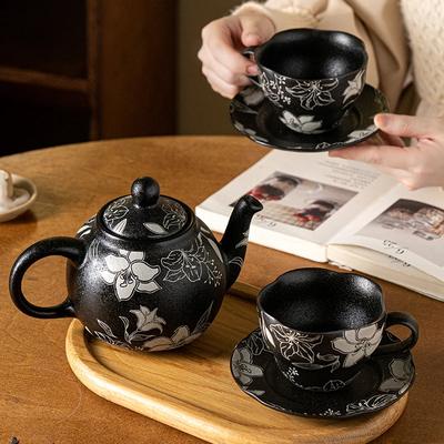 High End Creative Black Ceramic Coffee Cups Home Exquisite Flowers Irregular Coffee Cup Unique Afternoon Tea Pot Holiday Gifts