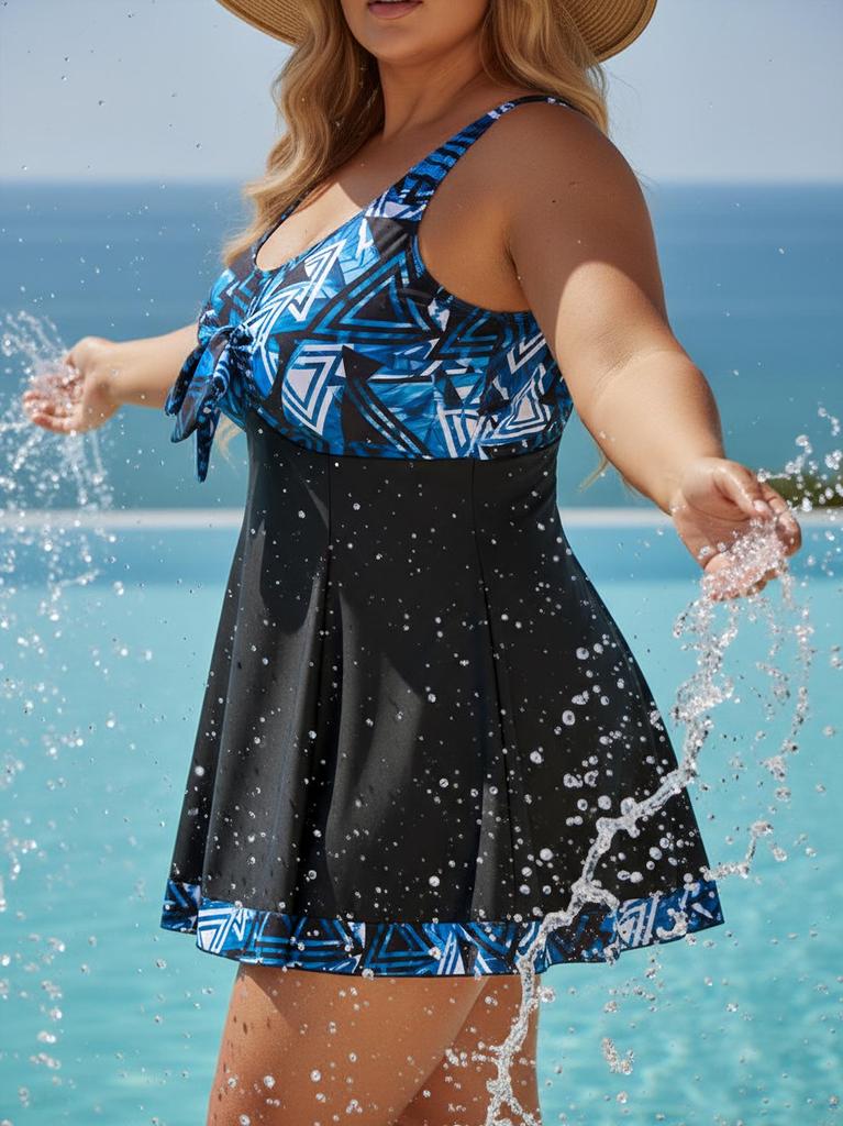 Plus Size Geometric Blue Tankini Swim Skirt Set for Women