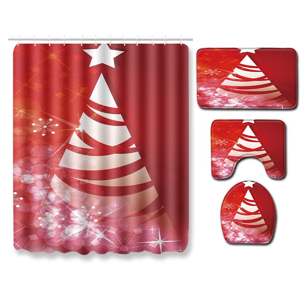 Christmas Shower Curtain Floor Mat Combination Four-Piece Set Bathroom Toilet Carpet Shower Room Mat Foot Mat