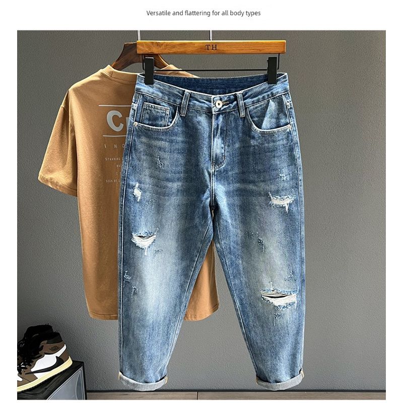 Clearance of Foreign Orders: Summer Loose Straight Wide-Leg Dad Jeans for Men, American High Street Style, Ripped Distressed Cropped Jeans Blue(Street jeans 1058) Size 38
