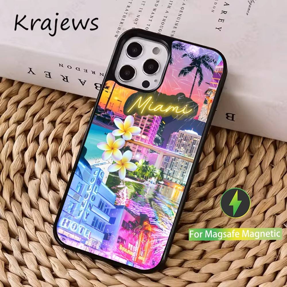 Summer Art Miami Florida Handyhülle Für iPhone 16,15,14,17,13,12,11,Pro,Max,Plus,Mini, Magsafe,Magnetische Kabellose Ladehülle
