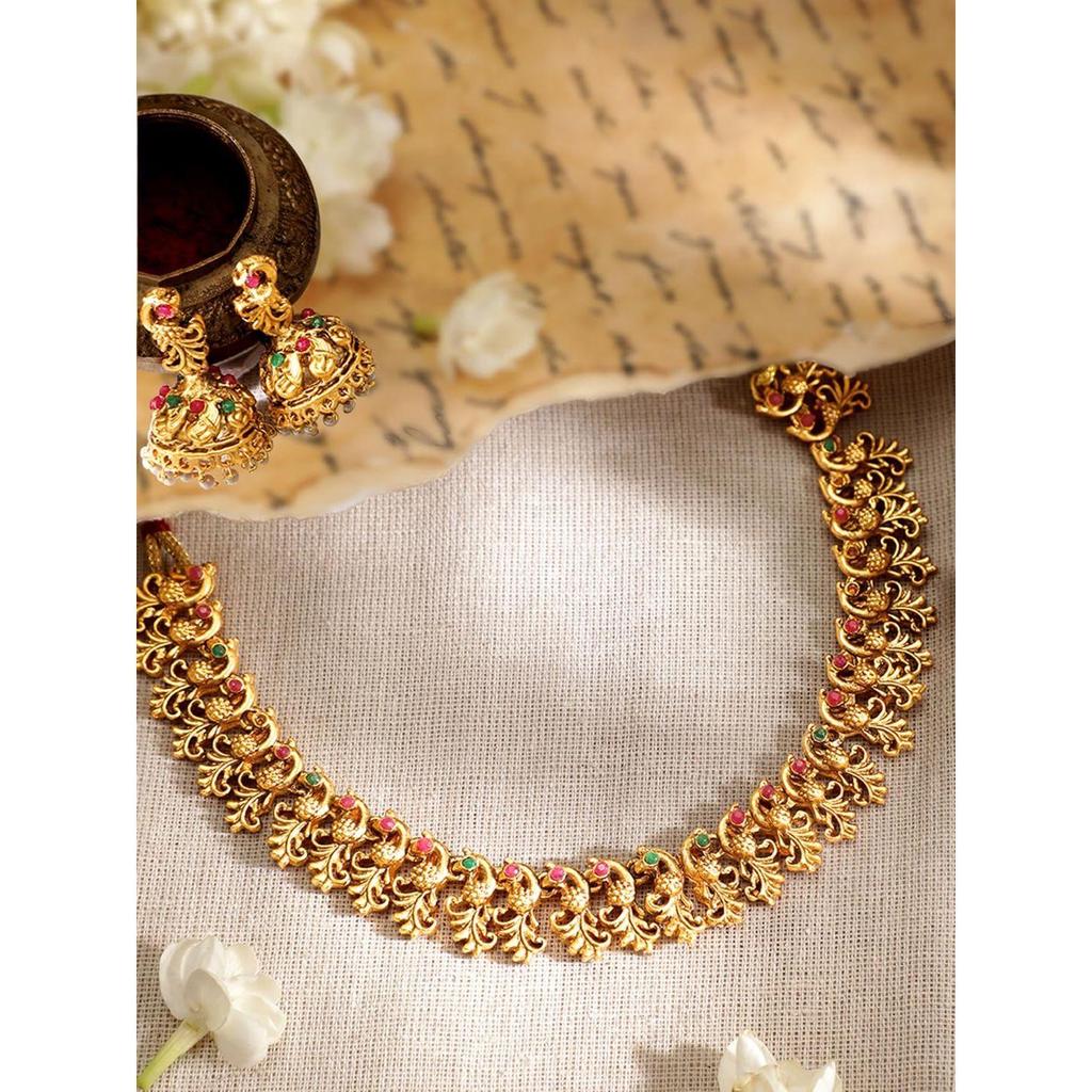 Red & Green Stone Studded Handcrafted Traditional Temple Jewellery Set For Women