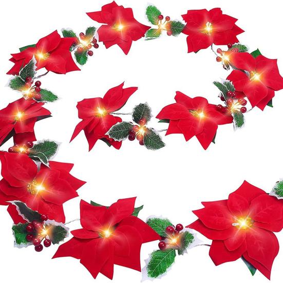 Fireplace String Light Garland LED Warm Light Wireless Christmas Wreath Garland with Flowers Holiday Decoration