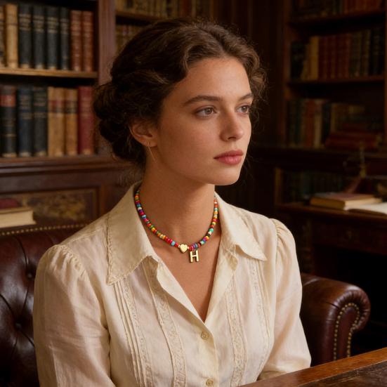 Colier Guler cu Mărgele Femei Colier cu Mărgele Colorate Colier cu Pandantiv cu Inițială Guler cu Inițială în Formă de Inimă Cadou de Ziua de Naștere pentru Fete Soție Prietenă