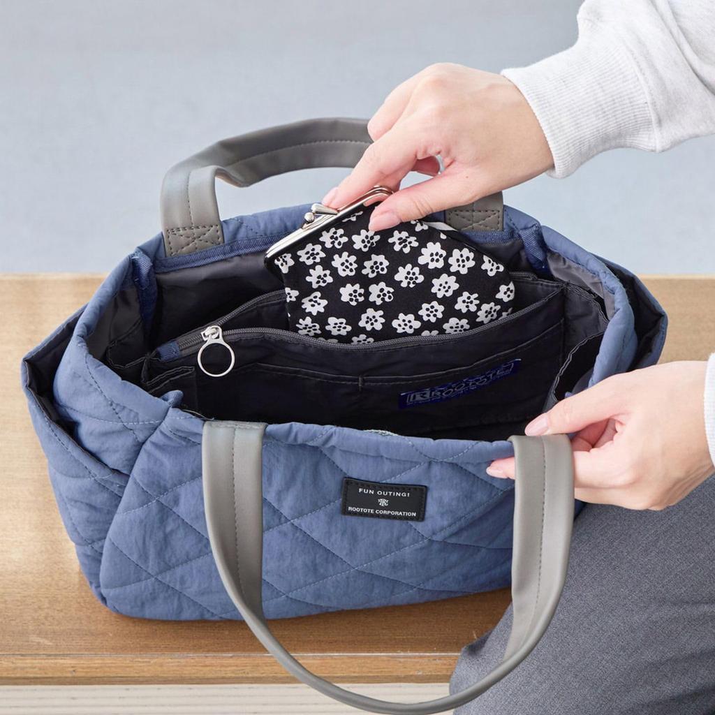 Rootote Women's Tote Bag, Small, Compartment, Lunch Bag, Handbag, Freestanding, Sub-Bag, LT Deli Paruti Quilted D 3673 (02 Ivory)