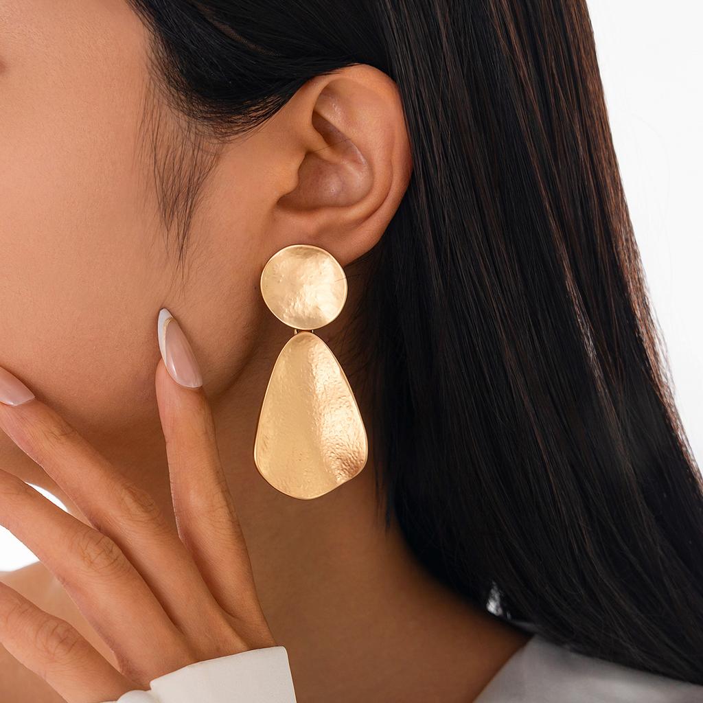 INS Folded Water Drop Pendant Earrings Irregular Geometric Hammered Surface Earring Set