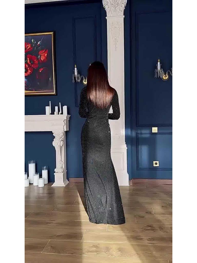 Elegant Black Long Sleeve Slim Dress for Women - Spring 2025 Socialite Style