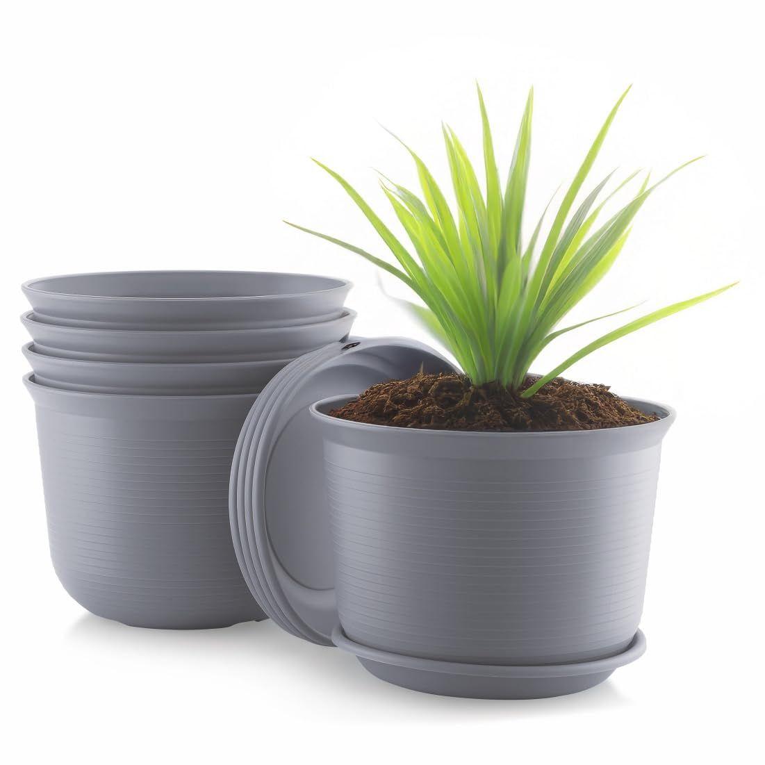 

10 Inch Plastic Round Flower Pots with Tray for Home Planters, Terrace, Garden Etc | Pack of 05 | Dark Grey | for Home Indoor & Outdoor 10 INCH темно серый