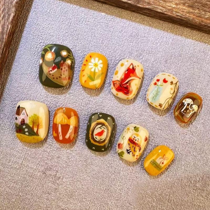 30Pcs Cute Cartoon Short Bean Shaped Press On Nails Autumn Winter Niche Design Fake Nails Gift For Girls And Friends