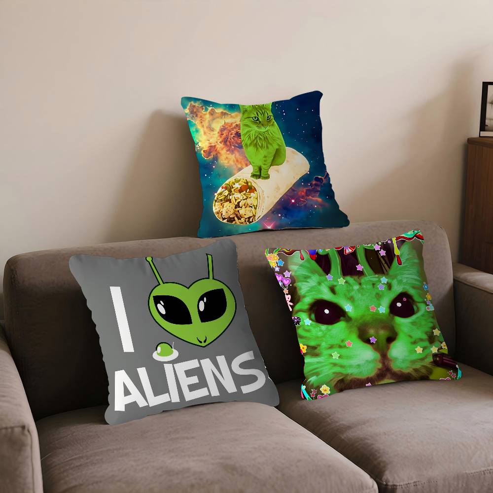 Cute Funny Green Alien Cat Pillow Cover Design Cushion Cover Decor Holiday Decorati