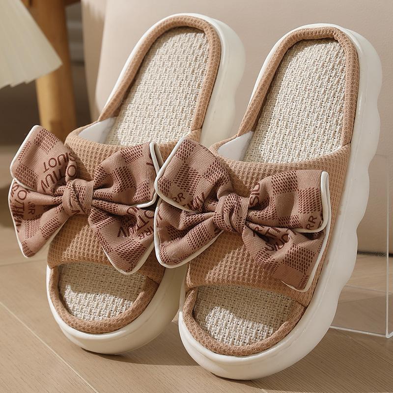 Fashion Linen Women Slippers 2025 Summer Home Slippers Comfortable Thick Sole Platform Ladies Fashion Bowknot Indoor Slipper Wholesale