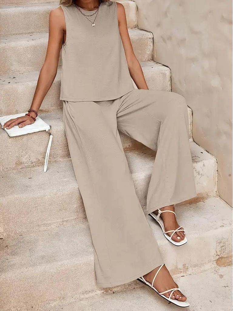 Elegant 2025 Solid Color Crew Neck Tank Top & Wide-Leg Pants Set for Women