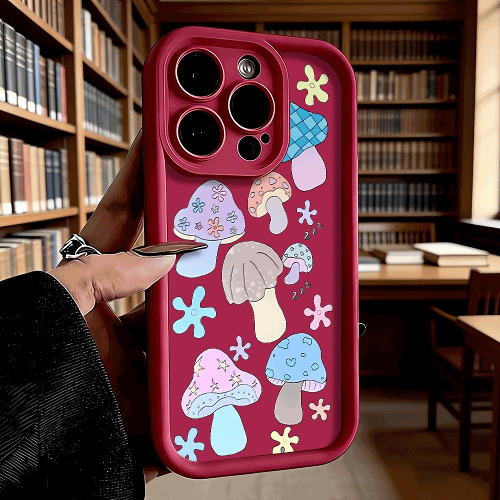 Pastel Cute Mushroom Stickers Soft TPU Phone Case for iPhone 17 16 15 14 13 12 11 Pro Max Plus Shockproof Anti-Slip Cover