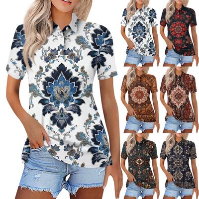 Moda feminina casual lapela manga curta impressão camisa feminina botão para cima tops