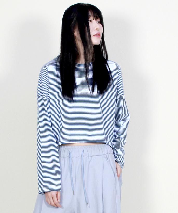Deumakeu Loose Fit Plain Cropped Long Sleeve T-Shirt Striped Blue