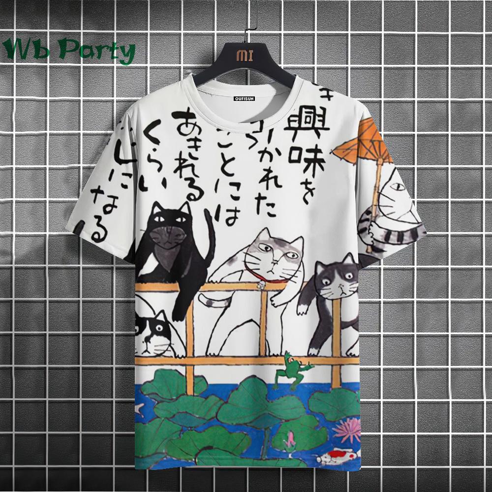 

Летняя футболка с круглым вырезом, 3D-принтом кота в японском мультяшном стиле, модная повседневная мужская футболка с коротким рукавом S