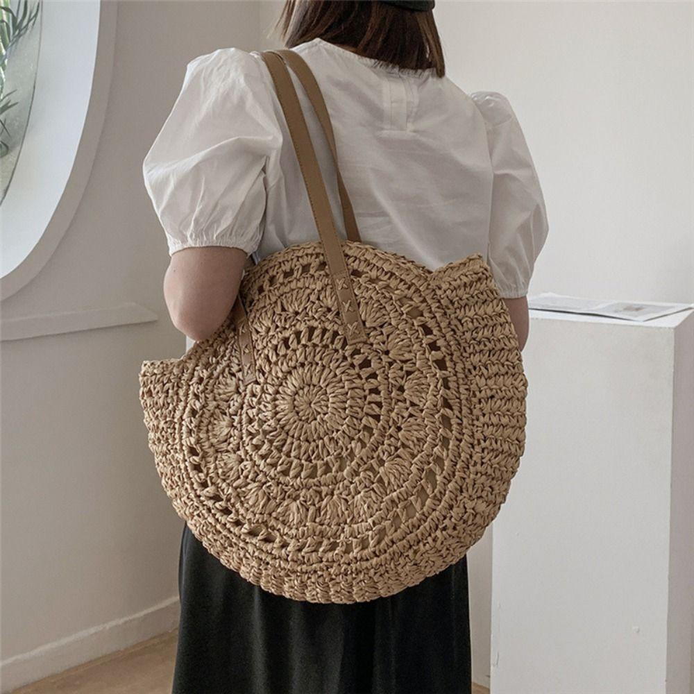 Round Straw Tote Bag Handmade Woven Shoulder Bag Trendy Straw Weave Bag  Travel