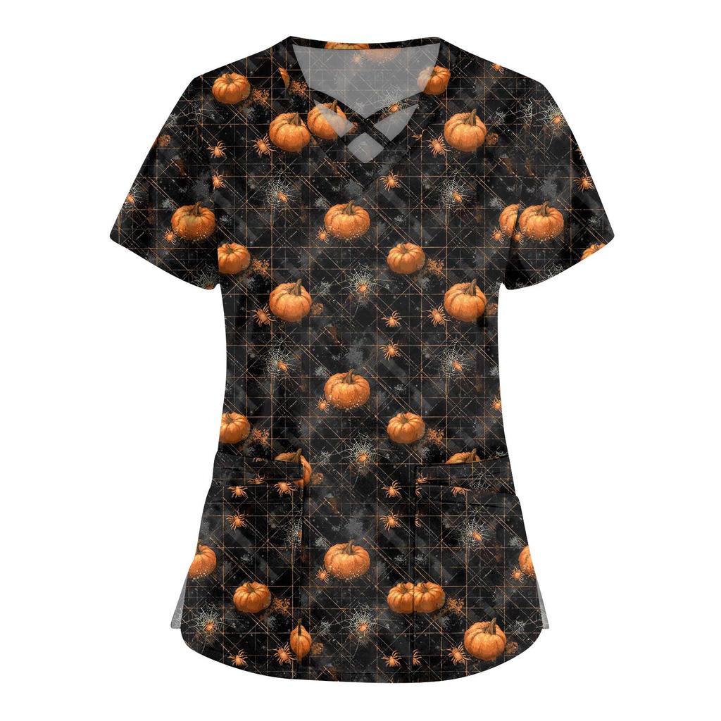 Women's Fashion  V-Neck Short Sleeve Overalls Double Pocket Halloween Printed Tops  Apparel